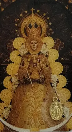 ESTAMPA VIRGEN ROCÍO-MEDALLA MILAGROSA. ORACIÓN. PLASTIFICADA