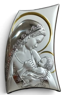 ICONO PLATA TIPO VELA VIRGEN CON NIÑO.